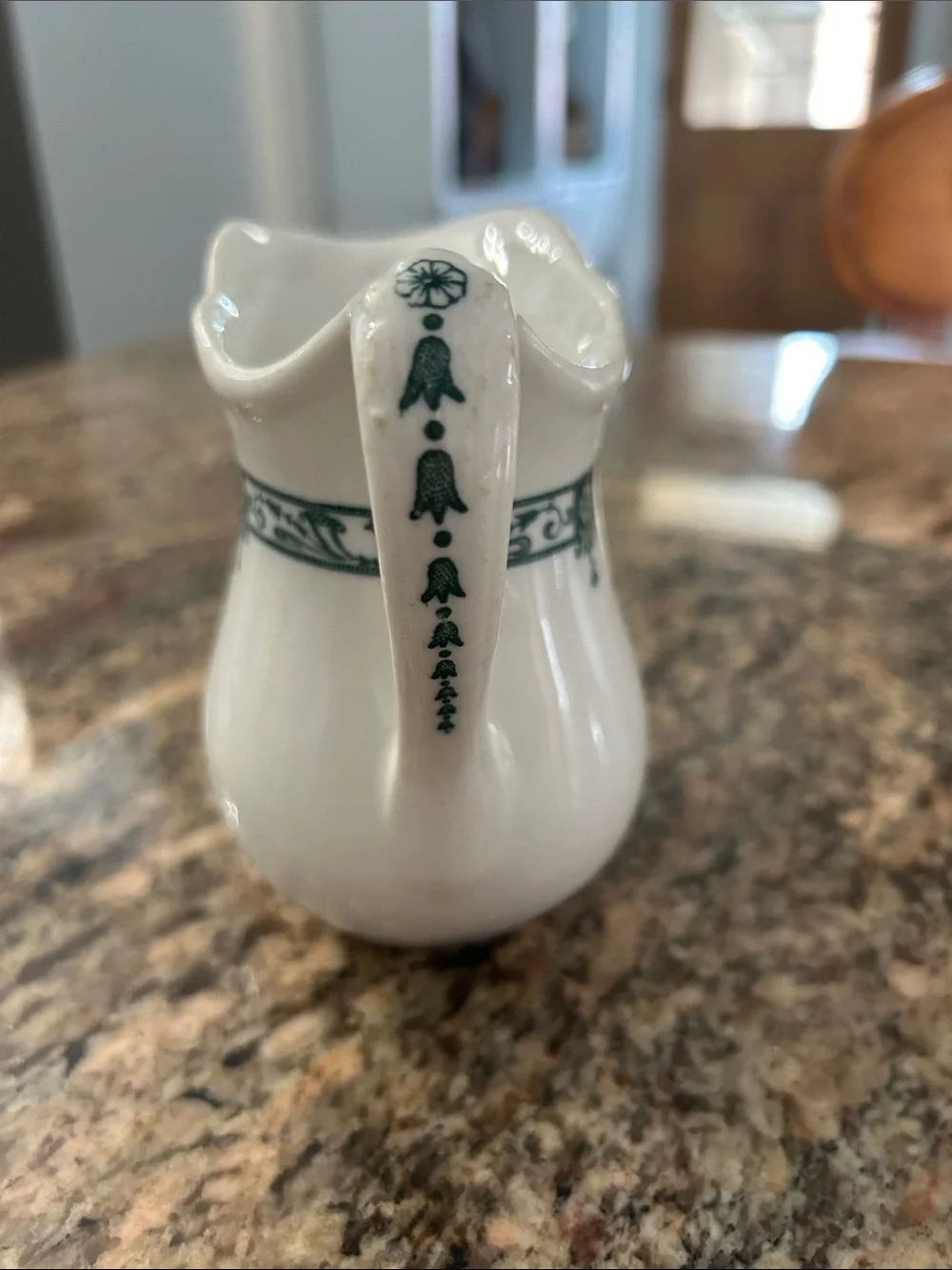 Vintage Classic White Ceramic Creamer Pitcher with Green Scroll Band